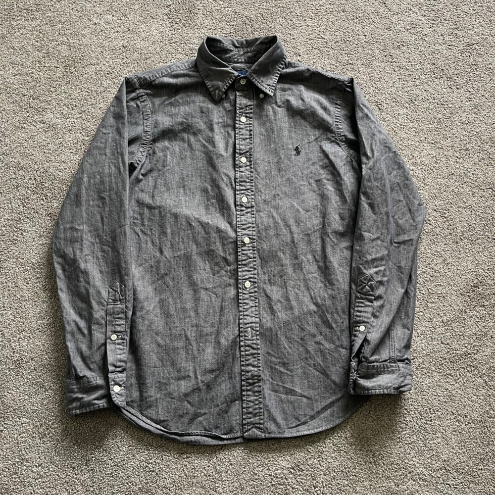 Mens Ralph Lauren Button Down Shirt Medium Grey Chambray Excellent Long Sleeve